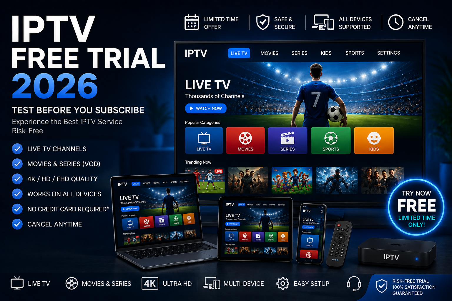 IPTV free trial 2026 on Smart TV, Fire TV, iPhone and 4K devices