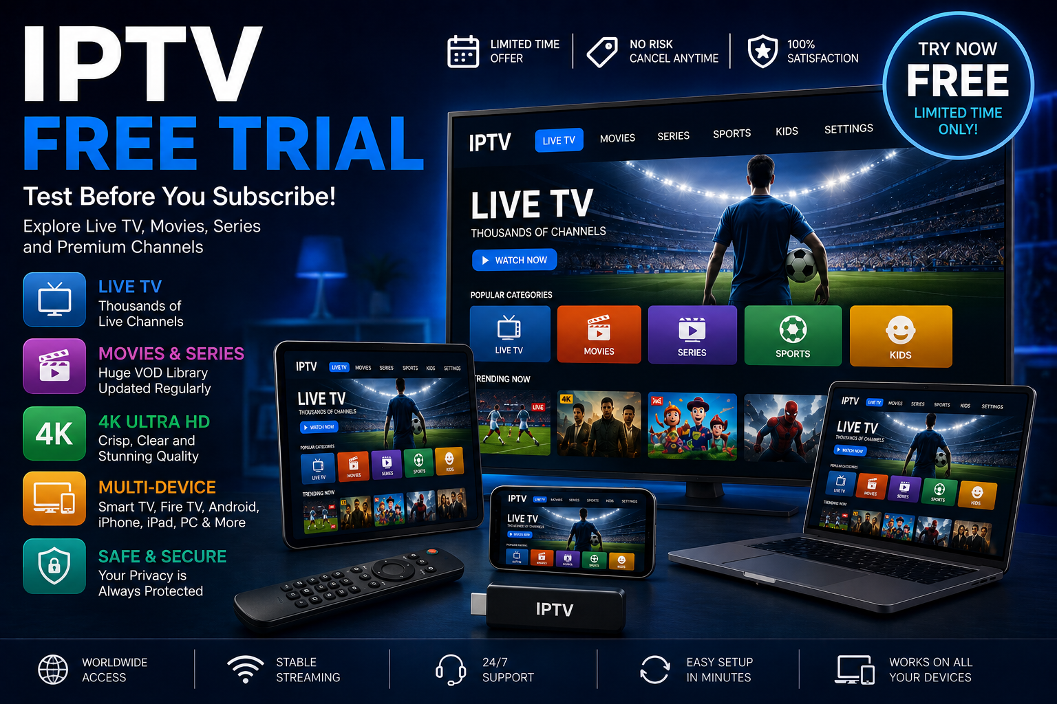 IPTV free trial on Smart TV, Fire TV, iPhone and 4K devices