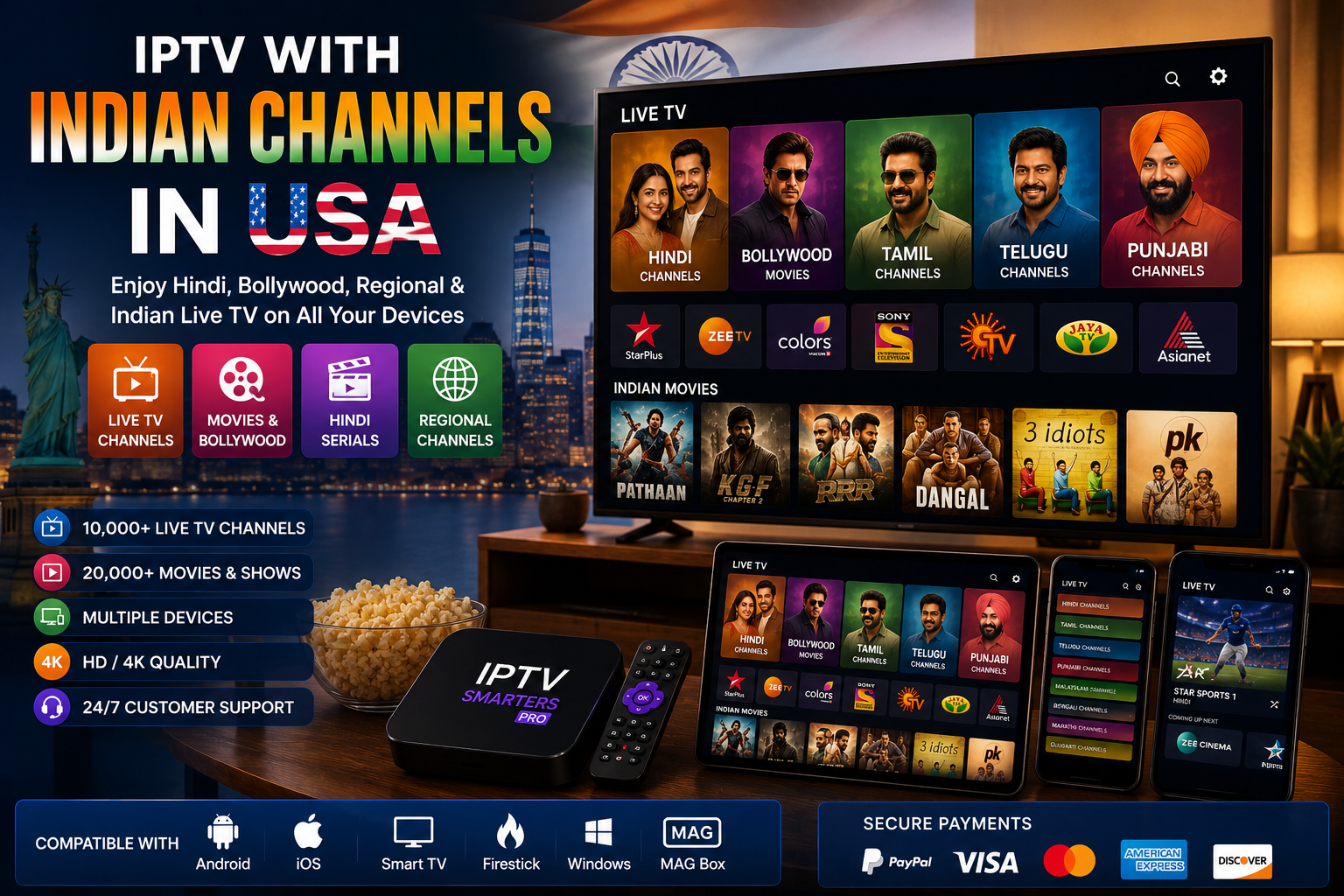 IPTV with Indian channels in USA featuring Hindi and regional TV