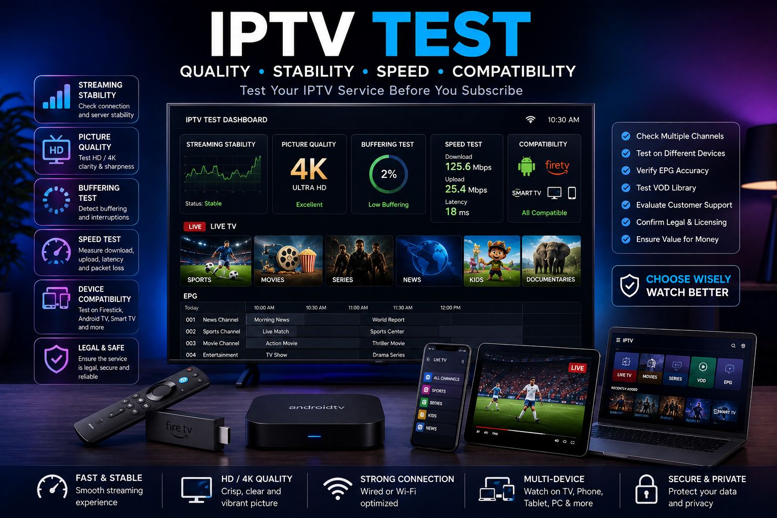 IPTV test for streaming quality stability Firestick and Smart TV
