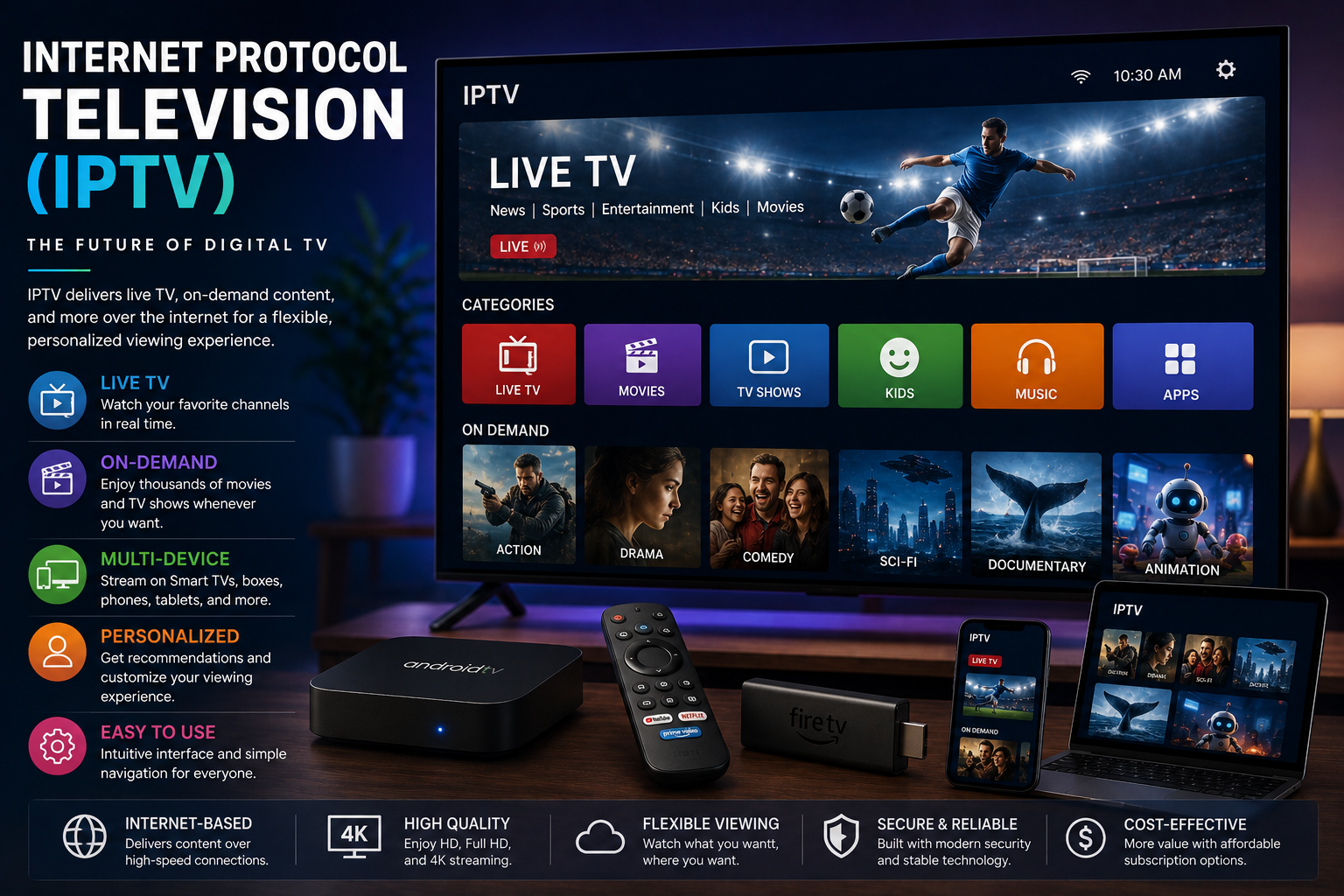 Internet Protocol Television with live TV and on-demand streaming