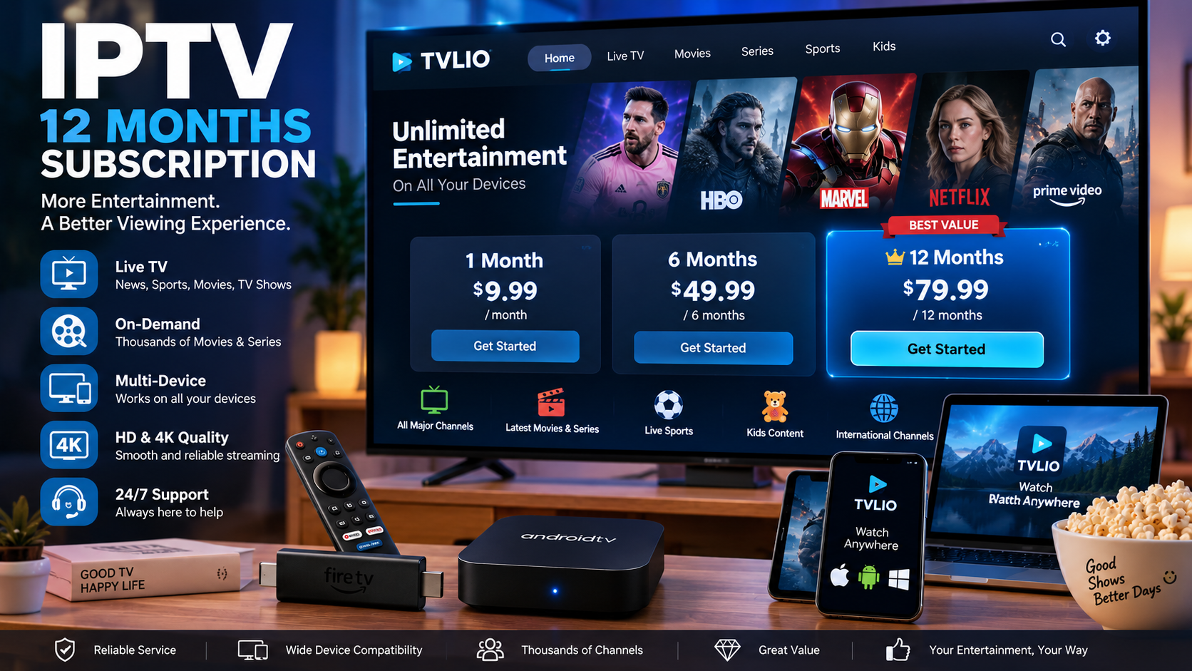 IPTV 12 months subscription plans on a 4K Smart TV