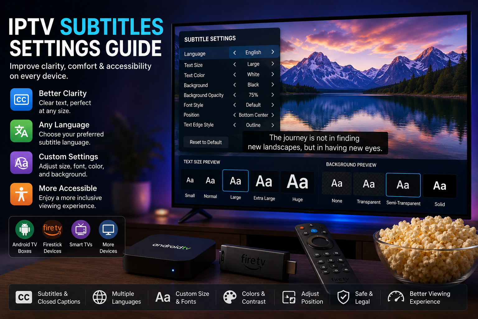 IPTV subtitle settings on a 4K TV with Android TV box and Firestick