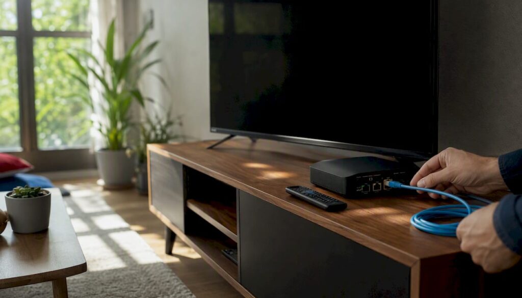 Hands plugging Ethernet cable into IPTV streaming device