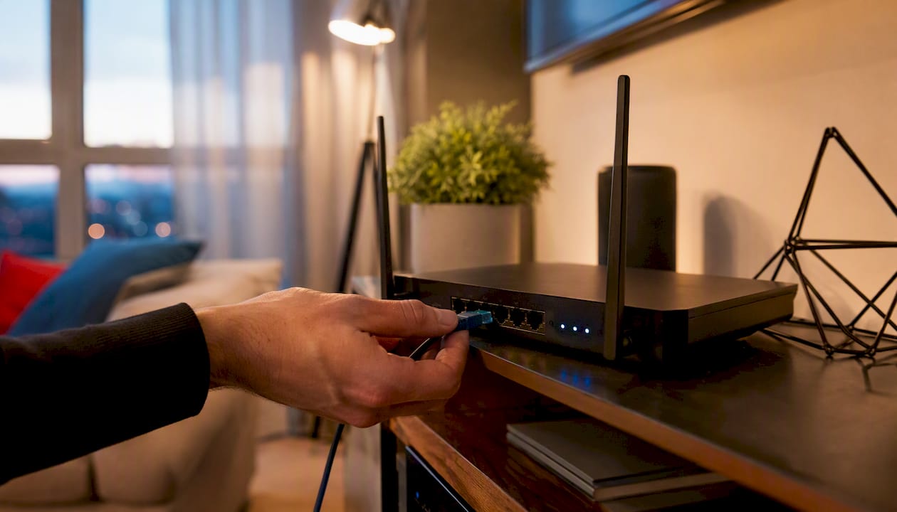 Plugging Ethernet cable into router LAN port