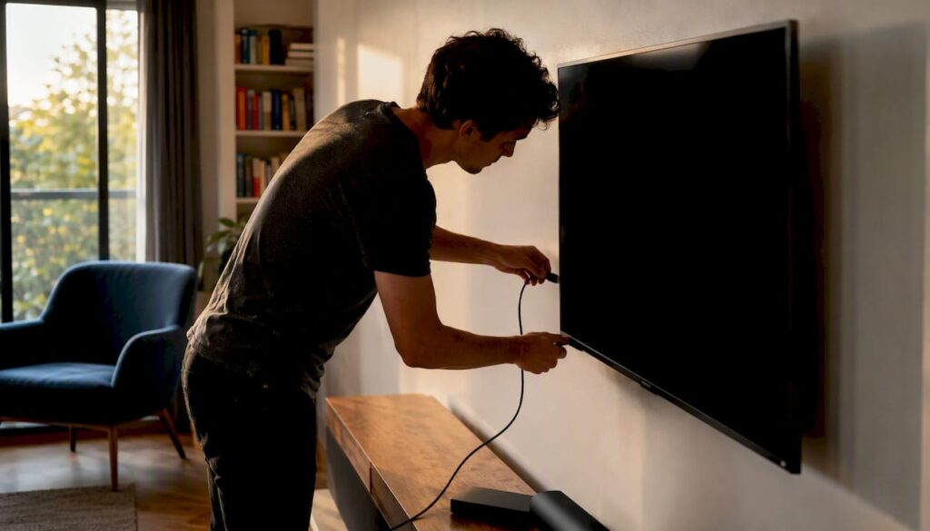 Hands connecting HDMI cable to TV