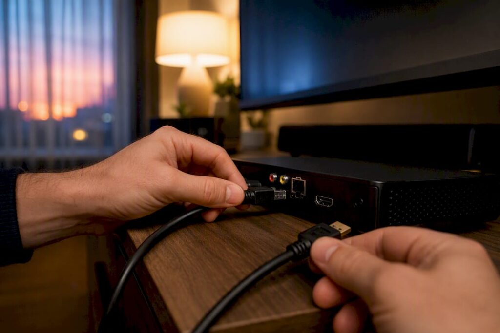 Hands connecting network cable to IPTV box