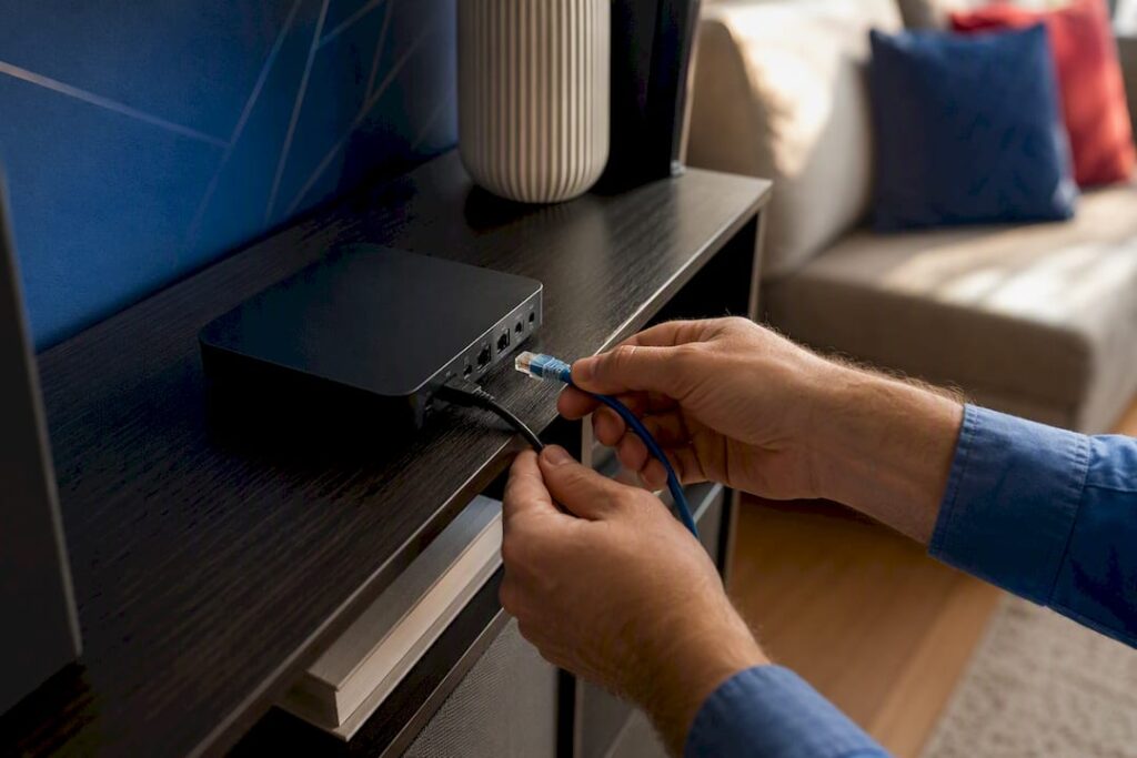 Hands connecting Ethernet cable to streaming device